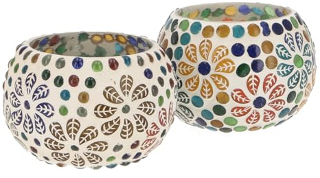 GURU SHOP 2 Handgearbeitete Glas Mosaik Windlichter, Romantisches Windlicht, Mosaik Teelicht, Vintage Teelichthalter - Set 3, 6x9x9 cm