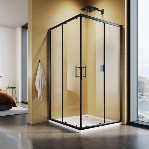 SUNXURY Cabina de ducha, 100 x 120 x 195 cm, entrada esquinera con puertas correderas dobles, marco negro, 5 mm, cristal de seguridad (ESG) transparente, montaje en plato de ducha o azulejo