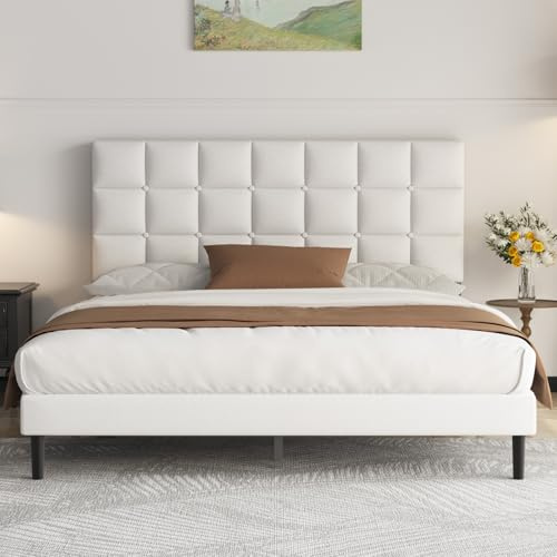 Yocreat Letto imbottito 120 x 200 cm, letto matrimoniale, telaio con testiera e rete a doghe, telaio del letto altezza 30 cm, bianco