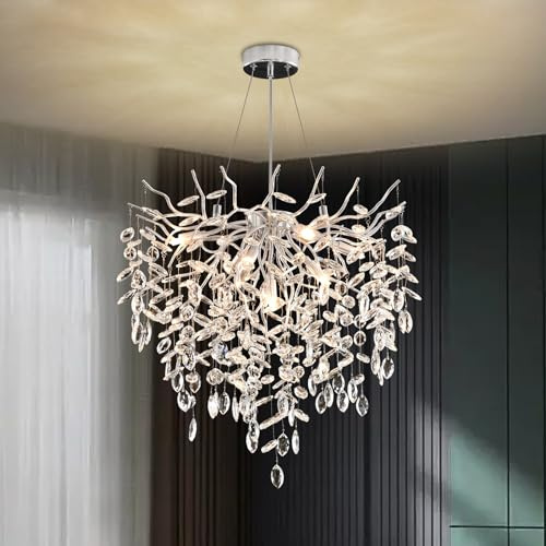 AHXIAOZN Lámpara de Araña Moderna de Cristal, Plata Lámpara Colgante Oval de Cristal, K9 Cristal colgante de iluminación para sala de estar, comedor, dormitorio, restaurante,Plata, 60cm