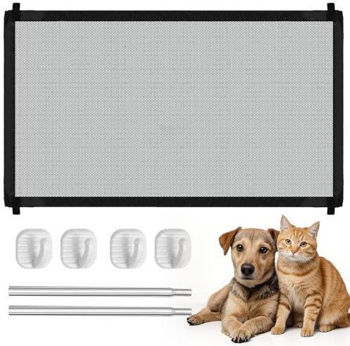 Treppenschutzgitter Ausziehbar Türschutzgitter Ohne Bohren Türgitter Hunde Schutzgitter Treppe mit Klebehaken für Innen und Außenbereich (110 x 70 cm)