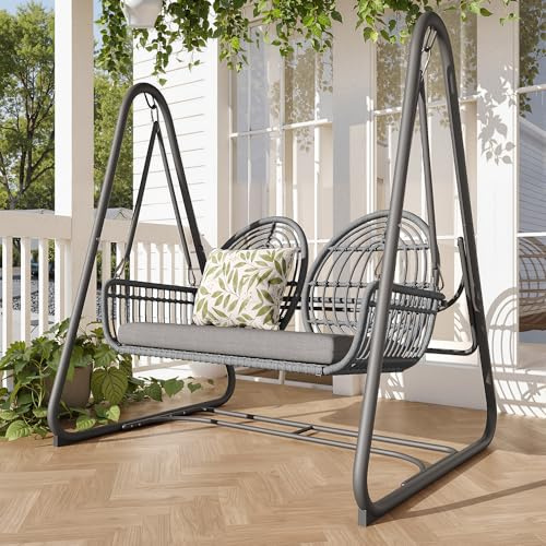 Generisch Balancelle de jardin, balancelle hollywoodienne avec dossier d'angle R, ensemble de meubles de jardin pour l'extérieur, double balançoire en rotin PE, 2 sièges, cadre d'assise et coussins