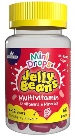 Mini Drops Jelly Beans Multivitamin - 10 Essential Vitamins & Minerals to Support Growing Bodies, Immunity & Tiredness - Strawberry No Added Sugar Gluten Free - for Children Ages 4-12 by Natures Aid