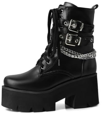 GHSIRUEU Bottines à Plateforme pour Femme Mode Bout Rond Militaire Combat Cheville Bottes avec Chaîne et Boucle