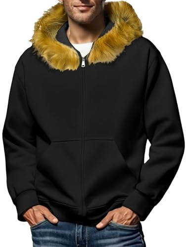 Zip Hoodie Faux Fur Hood Trim Loose Fit Pockets Comfortable Warm Relaxed Leisure Sweatshirt Outdoor Sportswear Comfort Fashion Basic Clothes Tops Jacket (Black, L)