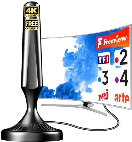 2026 Antenne TV Intérieure avec Base Magnétique – Antenne TNT Numérique DVB-T2 sans Amplificateur – Câble Coaxial 5M – Compatible 4K HD Smart TV, Freeview, Téléviseurs avec Tuner TNT