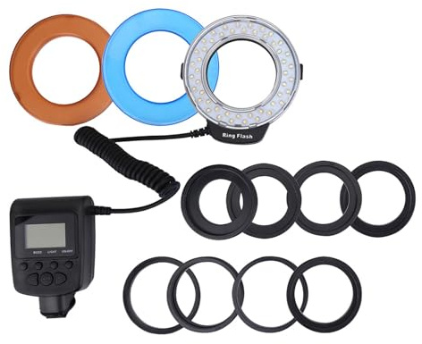 Phefop LED-ringblixtljus med 48 Pärlor LCD-kontroll 7 Ljusstyrkelägen 4 Filter 8 Adaptrar för Fotografering