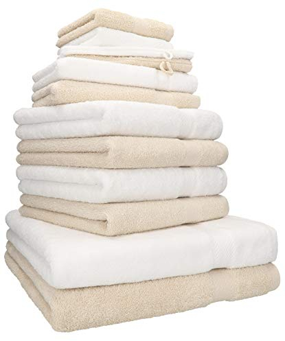 Betz 12-TLG. Handtuch Set Premium 100% Baumwolle 2 Duschtücher 4 Handtücher 2 Gästetücher 2 Seiftücher 2 Waschhandschuhe Farbe weiß/Sand