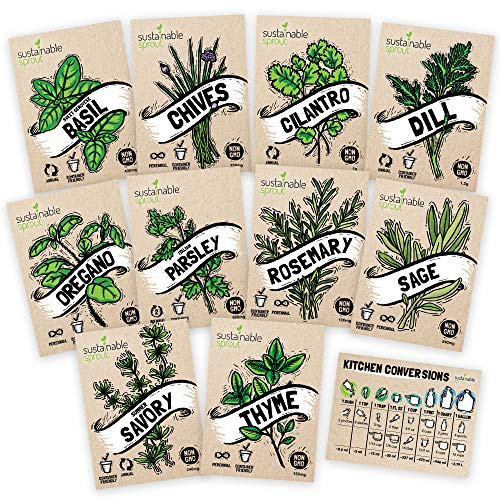 Culinary Herb Seeds Variety Pack: 10 Spice Herbs, Hydroponic Garden Indoors, Heirloom Planting Basil, Parsley, Sage, Thyme, Rosemary, Cilantro, Chives Dill Oregano, Summer Savory by Sustainable Sprout