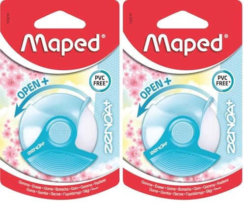 Maped - Gomme Zenoa Plus - Gomme Blanche Ronde avec Étui de Protection Rotatif à plus de 180° - Sans Phtalates - Sans PVC - Coloris Pastel Aléatoire Rose, Bleu, Violet (Lot de 2)