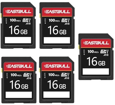 Confezione da 5 schede SD da 16 GB, classe EASTBULL 10, U1 V30, ad alta velocità, 100 MB/s, lettura SDHC, per fotocamera, video Full HD, con 5 mini custodie (16 GB, confezione da 5)
