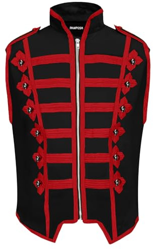 Pamposh Donne Steampunk Hussar Militare Drummer Giacche Parata Senza Maniche - Emo Punk Donne Gilet - Abbigliamento Gotico Napoleone - Giacche Da Marcia, Nero e rosso, S