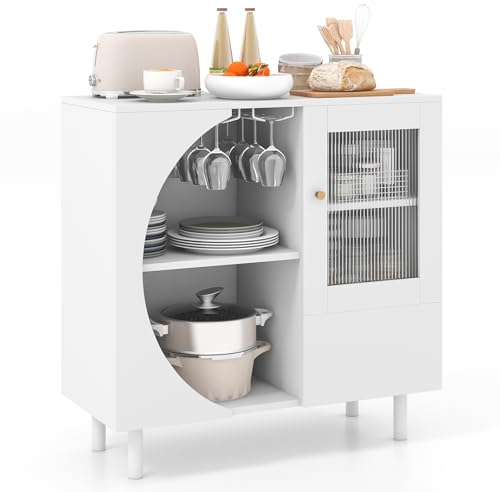 COSTWAY Buffetschrank mit 3 Türen, offenem Regal, Weinglashalter für 6-8 Gläser und Metallbeinen, Sideboard Küchenschrank Holz, Buffet für Esszimmer, Küche, Wohnzimmer 80 x 30 x 80 cm