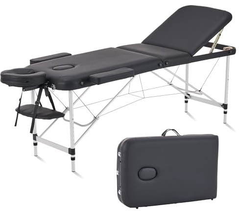 YOUNIKE Massageliege Klappbar 3 Zonen Massagetisch 60cm Breit Mobile Massagebank Höhenverstellbarer Therapieliege Kosmetikliege mit Aluminium-Füßen und Tragetasche Tattoo Liege, Schwarz