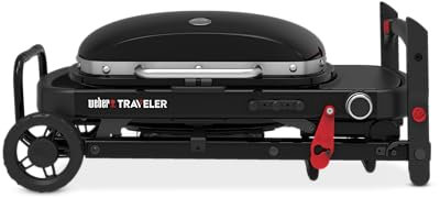 Weber Traveler Compact Gasgrill, 1 Brenner, 52 x 36 cm Kochbereich, tragbarer Outdoor-Grill, mit Deckelthermometer, faltbarer Ständer mit Rädern, passt problemlos in jeden Kofferraum - Schwarz