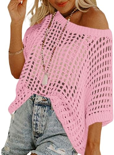 Zeagoo Maglione all'uncinetto a maniche corte Top estivi leggeri Pullover girocollo scavato fuori, Rosa chiaro, S