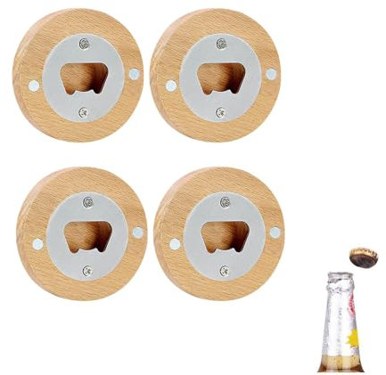Weenwill Décapsuleur,4 PCS Ouvre-Bouteilles Rond en Bois Personnalisé avec Base Magnétique Décapsuleur en Bambou et Acier Inoxydable pour Maison,Bar,Camping et Cadeaux