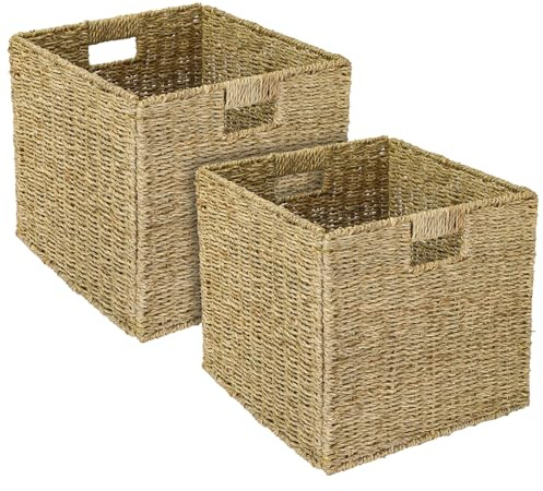 HMF Cesta de almacenamiento compatible con estantería KALLAX, cesta trenzada de algas marinas con asas | set de 2 | 32 x 34,5 x 32 cm | Natural