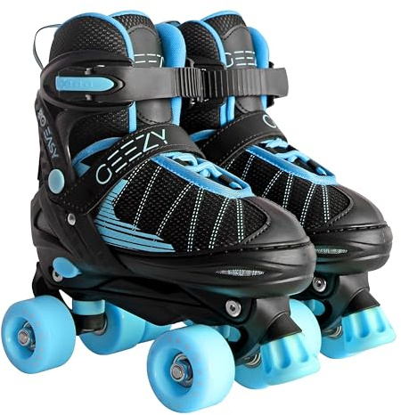 Adjustable Black & Blue Kids Roller Skates – Quad Skates with Carry Strap, Hook & Loop Fastener, PVC Wheels, Front Brake – Gift for Boys & Girls for Indoor & Outdoor Sports, UK Size 11-1