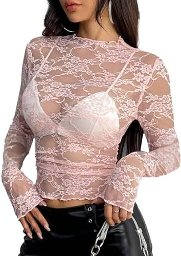 Sahunfri Lace Tops for Women Mesh Top Sexy See Through Shirts Y2K Blouses