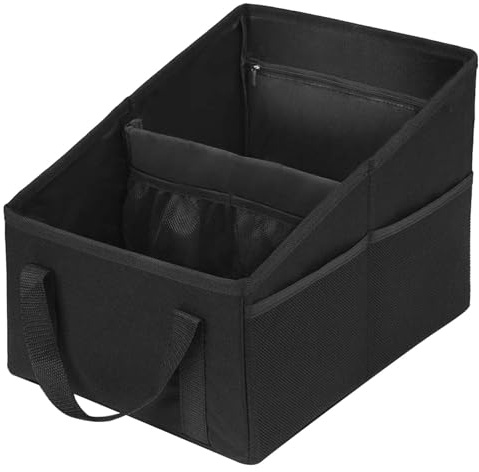 Hnonoxy Organizador de asiento de coche con división, asas y varios bolsillos de malla, caja de almacenamiento plegable para asiento del copiloto, bolsa de almacenamiento para asiento trasero, negro