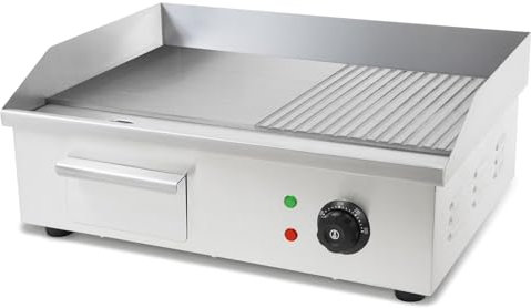 VERTES Plancha professionale 3000W in acciaio inox (superficie di cottura liscia e scanalata 55x35cm, termostato, temperatura 50-300°C, protezione contro schizzi e calore, vaschetta di raccolta)