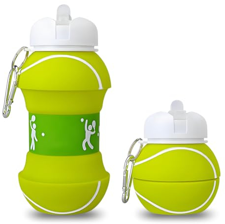 SYTTNUM Bottiglia d'acqua pieghevole,Borraccia Silicone Calcio, Borraccia per Bambini Borraccia Sportiva Palla, Portatile di Sport Tennis Pieghevole Bottiglia di Acqua (550ml)