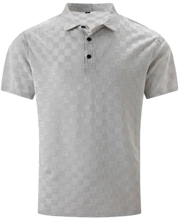 Polo azul para hombre verano seda hielo cuadros jacquard solapa diario casual camisa de manga corta azul claro niños, gris, M