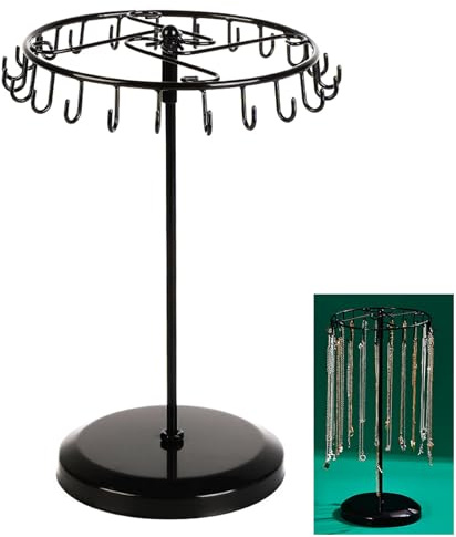 Porte Bijoux Rotatif en Métal, Présentoir à Bijoux avec 23 Crochets, Etagère à Bijoux, Support à Bijoux, pour Colliers, Bracelets, Bagues, Boucles D'oreilles, Noir