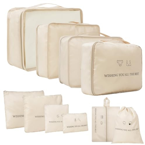 Set de 10 cubes de compression pour articles de voyage, bagages à main, cubes de rangement légers, sacs de rangement pour vêtements de voyage, sacs de rangement avec fermeture éclair, beige (Beige)