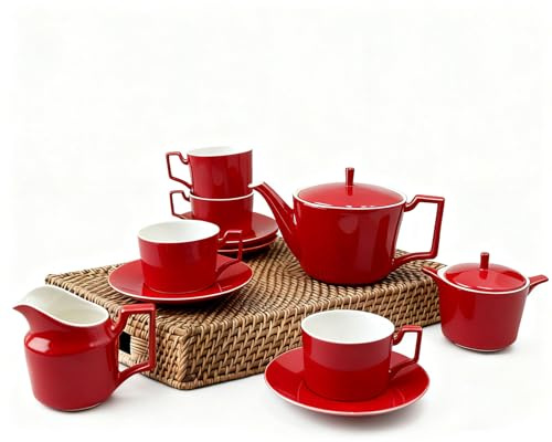 Red Tea Set with Teapot, Cups, Sugar & Creamer Set, Tea Party Service