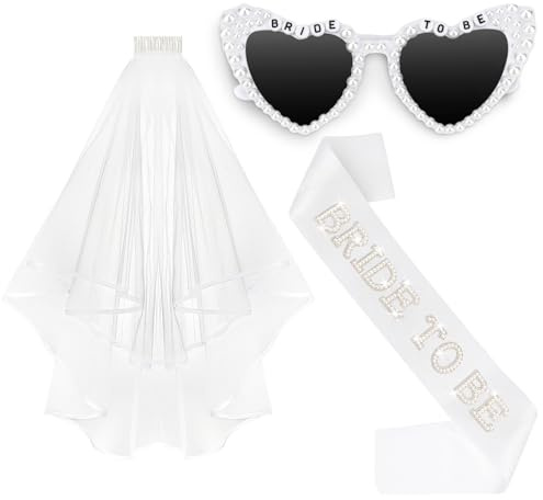 CIEHER Bride To Be Set - Bride Sunglasses, Bridal Sash & Wedding Veil for Wedding Bachelorette Party Decorations