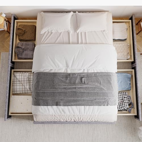 kozamas 4ft6 Double Storage Bed with 4 Built-In Drawers, Underbed Storage, Grey Linen Upholstered Platform Bed Frame, No Headboard, 135x190cm
