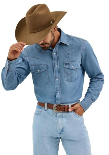 Wrangler, camicia da uomo, modello cowboy, a maniche lunghe, blu slavato Stonewashed Large