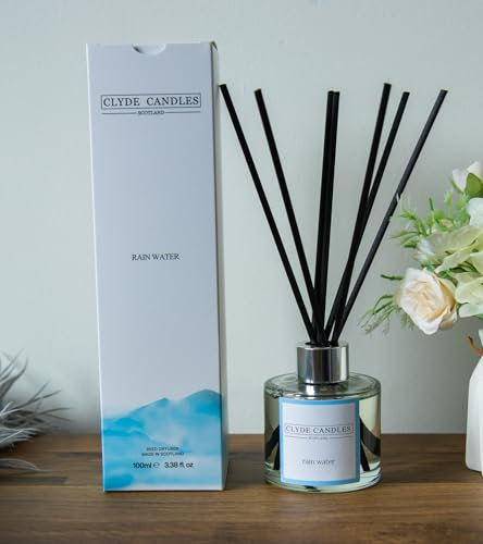 Rain Water Reed Diffuser - Clyde Candles, Luxury Diffuser Oil with a Set of 7 Fibre Sticks, 100ml, Best Aroma Scent for Home, Kitchen, Living Room, Bathroom. Fragrance Diffusers set with sticks