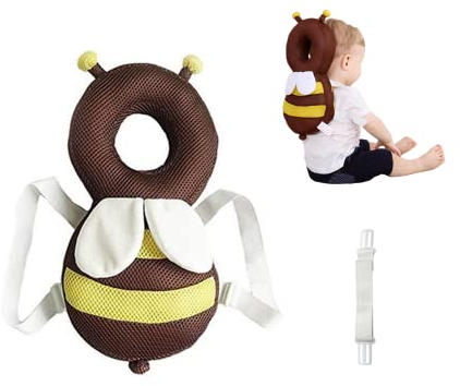 Cojín de protección para la cabeza del niño, almohadilla de seguridad ajustable para bebés, cabeza de protección de caminante, lindo oso de abeja (marrón transpirable)