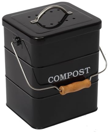 Compost Bin Kitchen Countertop Indoor Compost Pail Bucket, Great for Food Scraps, Carbon Steel, Handles, Black, 1 Gallon - Includes Charcoal Filter