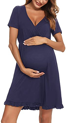 Doaraha Chemise de Nuit Femme Coton Allaitement Maternité Robe Grossessee Manche Courte Col V Doux Pratique et Confortable Grande Taille S-XXL