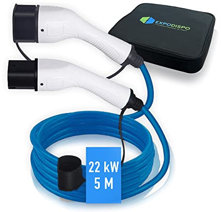 EXPO DISPO Câble de Recharge pour Voiture électrique - Tri phasé - Type 2-5M - 32A - 22KW - IP54 Blanc/Noir