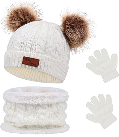 Waylipun Kids Winter Warm Beanie Hat Scarf Gloves Set, 3 in 1 Thicken Fleece Thermal Girls Skull Cap Scarf Mittens Set Super Soft Cap Neck Warm Gloves for 1~5 Years Old Toddler Girls Boys (White)