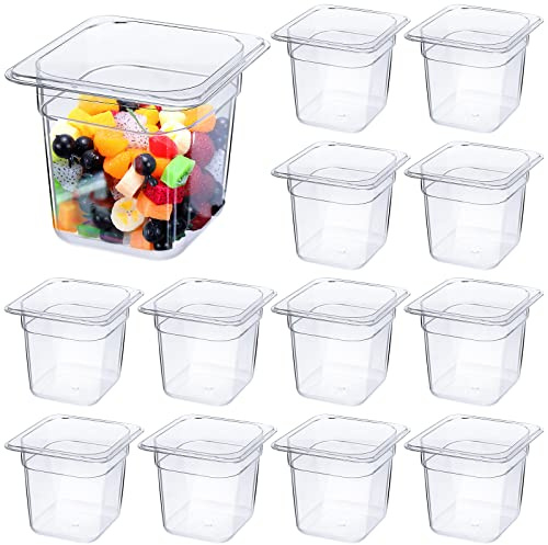 Yinder 12 Pcs Plastic Clear Food Pans 1/6 Size Stackable Polycarbonate Food Containers with Capacity Indicator Restaurant Commercial Hotel Pan for Fruits Vegetables Beans Corns (4'' Deep)