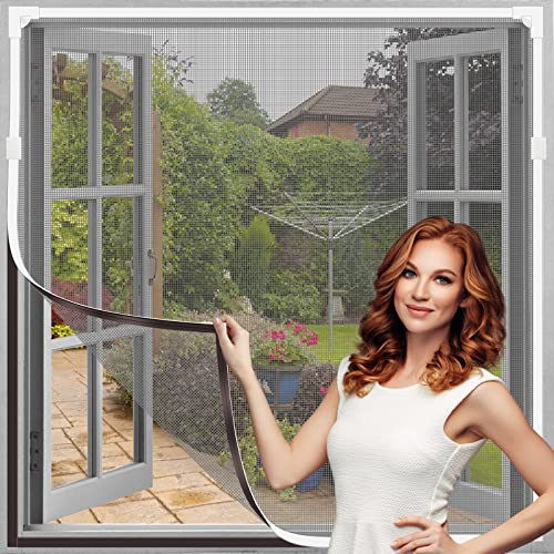 Magnetischer Insektenschutz für Fenster, Verstellbarer DIY-Fliegenschutz für Fenster, einfache Installation, hält Käfer, Fliegen und Moskitos fern, weißer Rahmen, graues Netz (120x130cm)