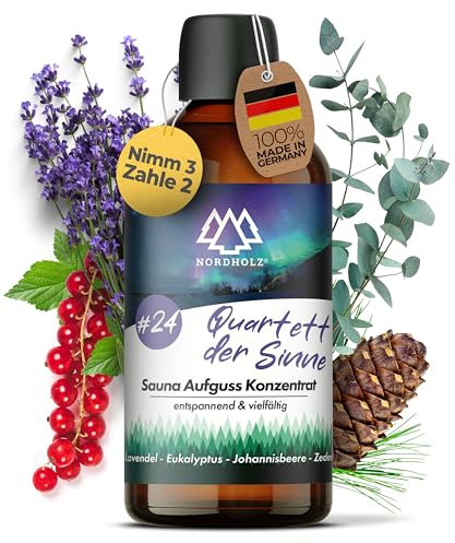 NORDHOLZ® Saunaaufguss [54 Sorten 15ml, 100ml, 250ml] - Sauna Aufgussmittel für intensive & erholsame - Sauna Zubehör (#24 Quartett der Sinne, 100ml)