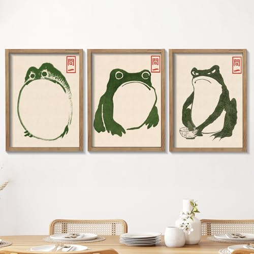 Houmury Set of 3 Framed Japanese Frog Wall Art Decor Vintage Wall Signs Cute Minimalist Decors