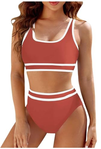 Maillot de Bain Bikini Femme 2 Pièces Amincissant Rayures Maillot de Bain Femme Débardeur Brassière avec Short de Plage Taille Haute Sport Natation Piscine Vacances (XL, Rouge-2)