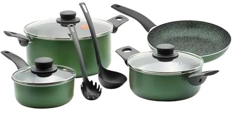 Avilia Set Pentole da Cucina 9 Pezzi - Set Pentole Induzione Alluminio Antiaderente in Acciaio - Compatibili con Tutti i Fornelli - Batteria Pentole Include 3 Coperchi e 2 Mestoli