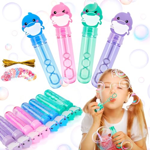 ilauke 8 Stück Seifenblasen für Kinder, Mini Seifenblasen Set, 4 Farben Delphin Seifenblase, Klein mit 10 Karten und Bindegurten, für Hochzeit, Kindergeburtstag, Standesamt, Junggesellenabschied,