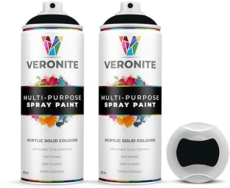 Veronite® Matt Black RAL 9005 Spray Paint | Double Pack 2 x 400ml | All-in-one Primer, Undercoat & Topcoat, Satin Finish | Ideal for Metal, Furniture, Plastic, Ceramic, Wood | 2 x 400ml Double Pack