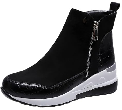 ANUFER Femmes Talon Compensé Faux Daim Bottines Double Fermeture éclair Latérale Bottines d’entraînement SN0707268 Noir EU37