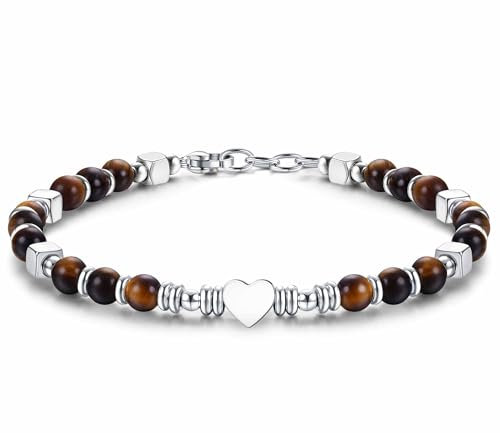 CASSIECA Boho Armband Damen Natürliches Steine Armbänder für Frauen 316L Edelstahl Herz Armband Einstellbare Tigerauge Armband Weihnachten Geburtstag Geschenke Frauen Schmuck mit Geschenk-Box